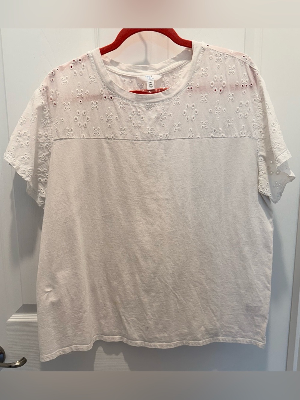Time and Tru White Eyelet Yoke Short Sleeve Tee